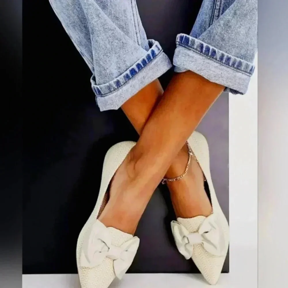 ASOS Design Lake Bow Size 11W Raffia Ballet Pointed Toe Flat Loafer